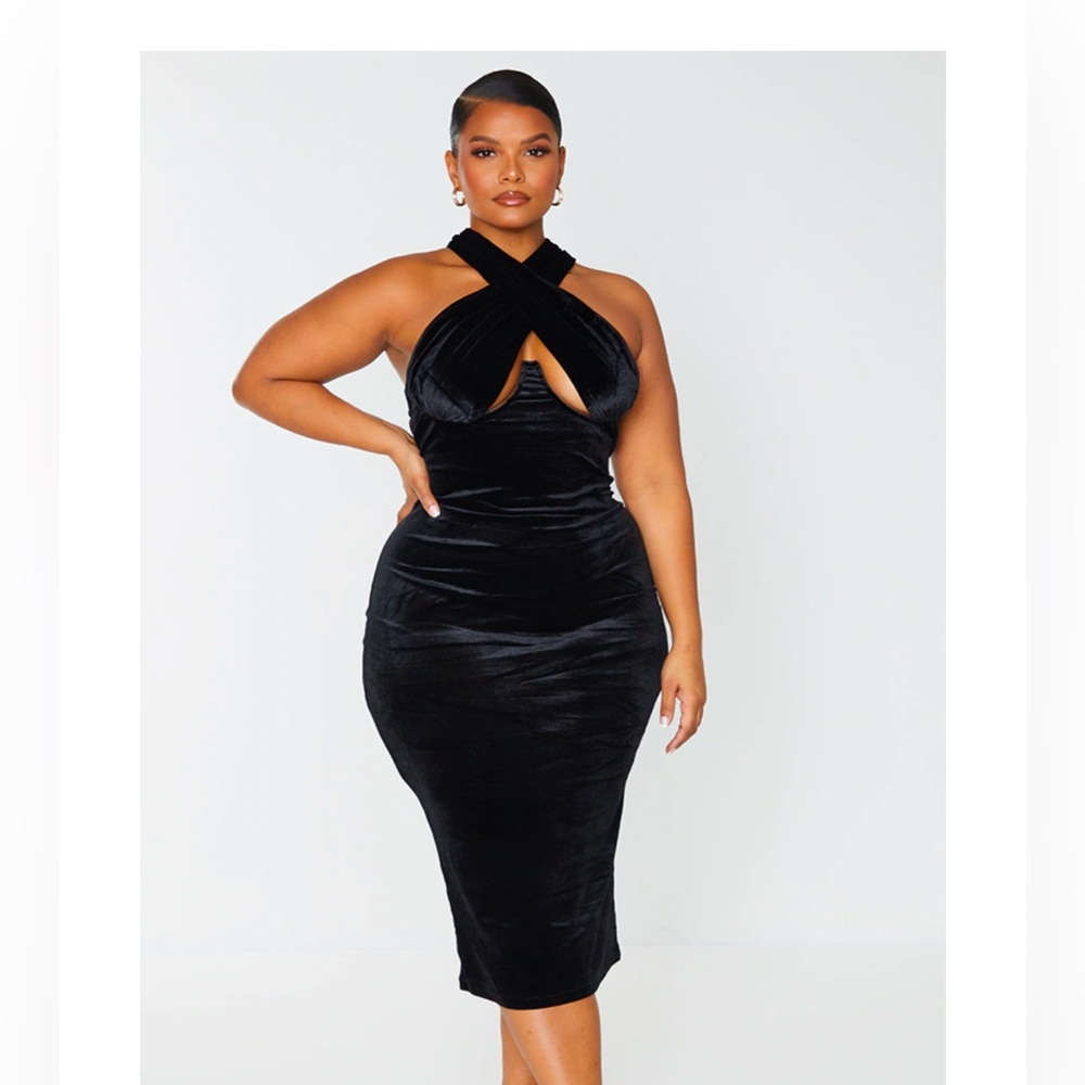 Plus Black Velvet Underwired Cross Front Midi Dress